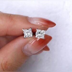 1 Ct Princess Cut VVS1/D Lab Created Stud Earrings 14k White Gold 6mm Push Back